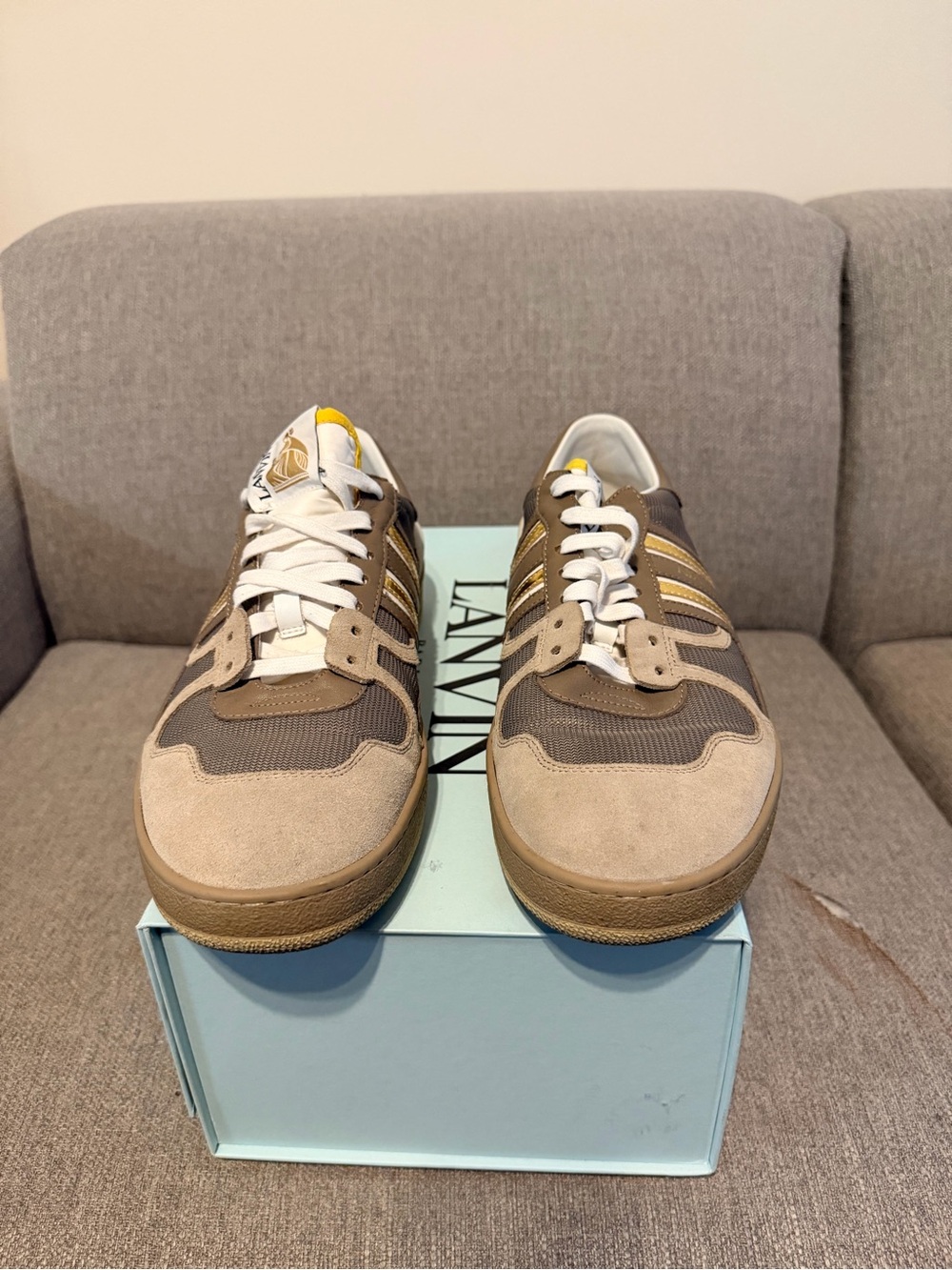 Lanvin Men’s Suede & Mesh Sneakers in Beige, Brown and Yellow Accent